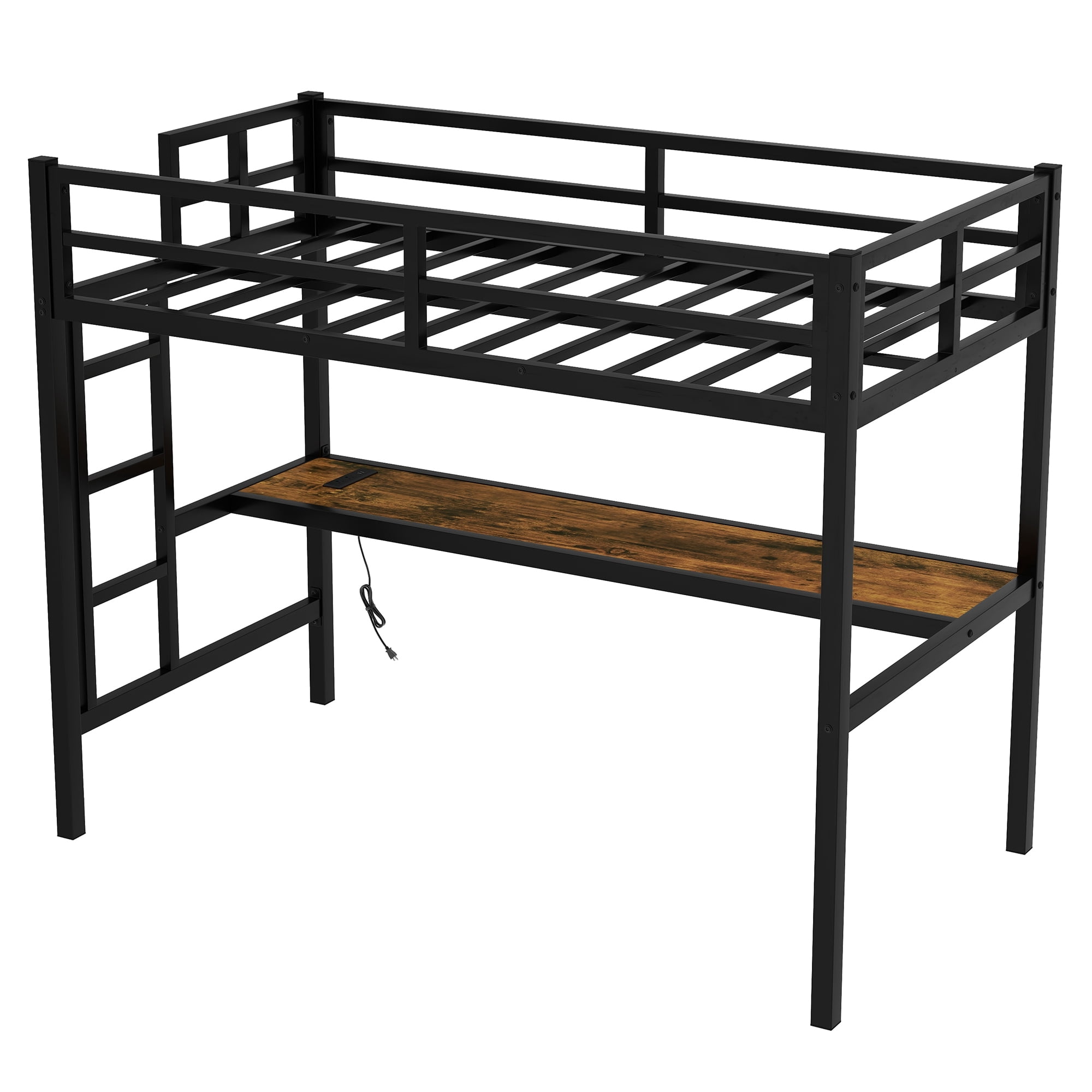 Aukfa Twin XL Metal Loft Bed with Desk, Charging Station and LED Lights for Kids, Space-Saving, Heavy Duty, Black