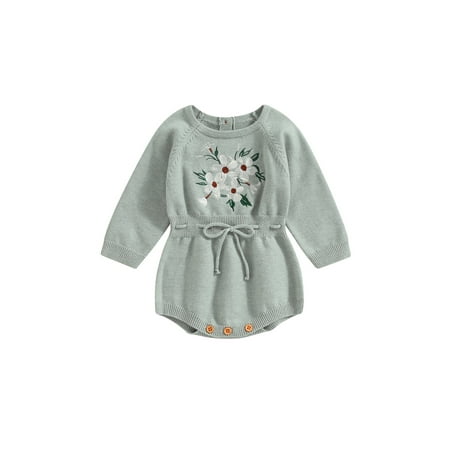 

Infant Baby Girl Knit Jumpsuit Flower Embroidery Round Neck Long Sleeve Romper with Drawstring Waist