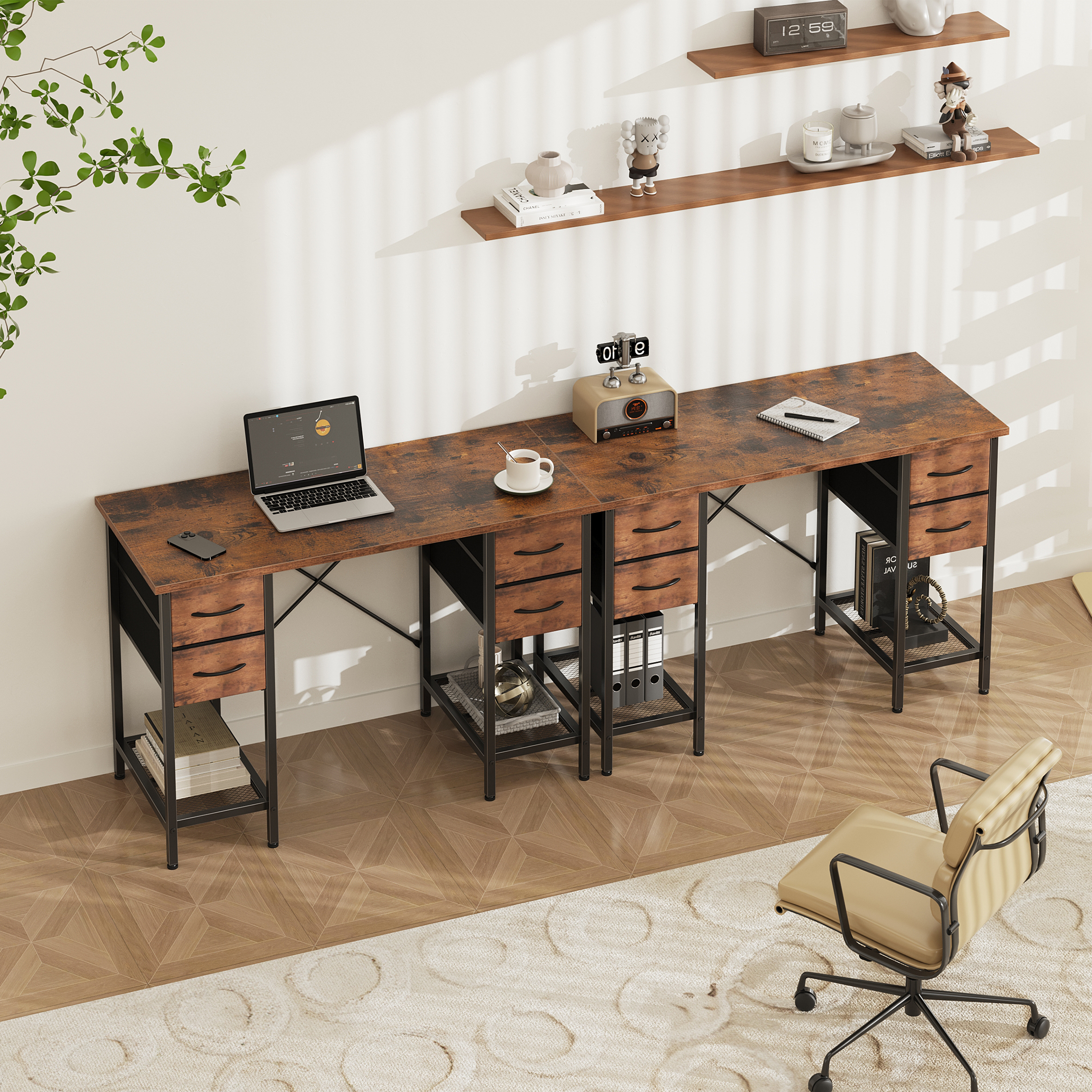 EDX 47 Inch Computer Desk with 4 Drawers, Office Desk with Mesh Shelf, Gaming Desk, Writing Work Desk, Large Storage, Rust