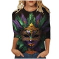 thumbnail image 2 of successthop Mardi Gras 3/4 Sleeve Tops for Women with Crew Neck Plus Size Polyester Casual Mask Printed Mardi Gras Celebrations Blouse Tops for Mardi Gras Event Purple S, 2 of 5
