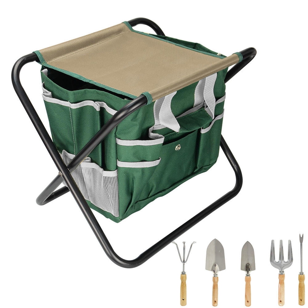 Folding Garden Stool With Detachable Storage Tote and 5 Pcs Gardening ...