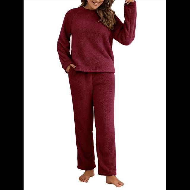 Pijama de 2 Piezas para Mujer, Conjunto de Ropa de Estar por Casa, Suéter de Punto, Cuello Redondo, Larga, Conjuntos Peludos Vino Tinto L