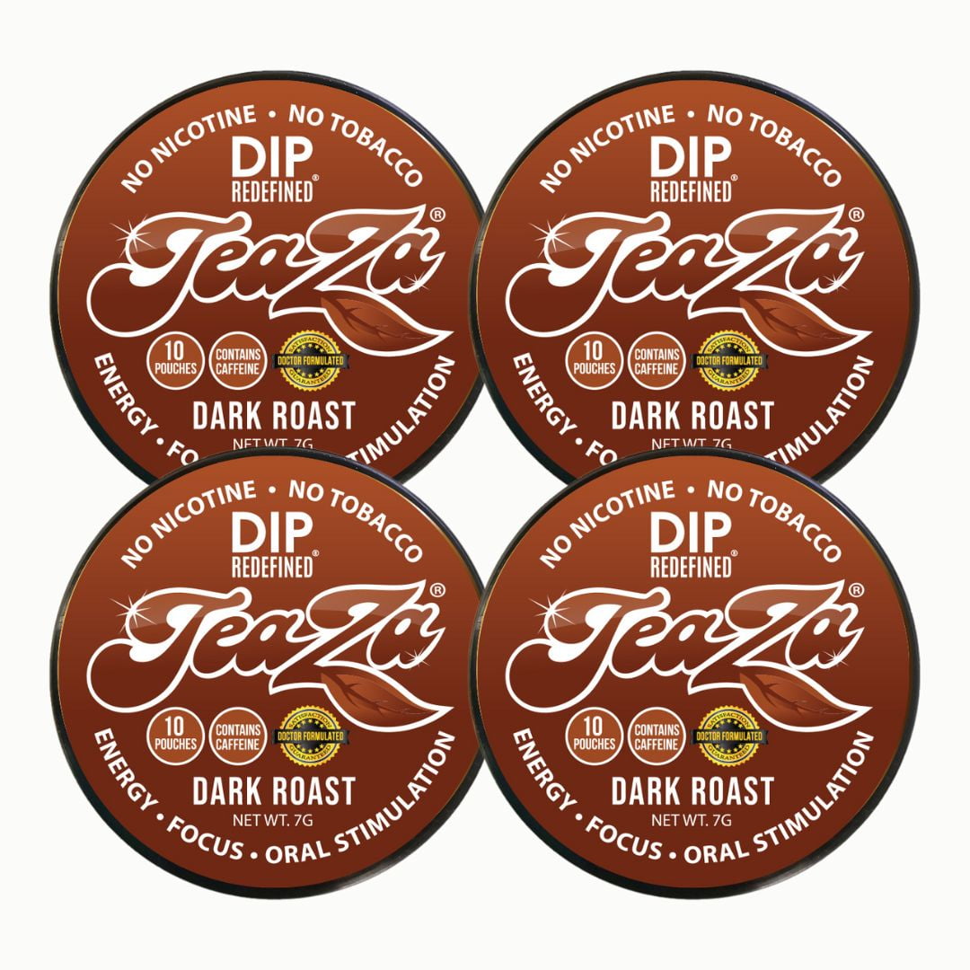 TeaZa Herbal Energy Pouches Dark Roast Flavor, 4 Cans, Made From Tea, 40 Pouches