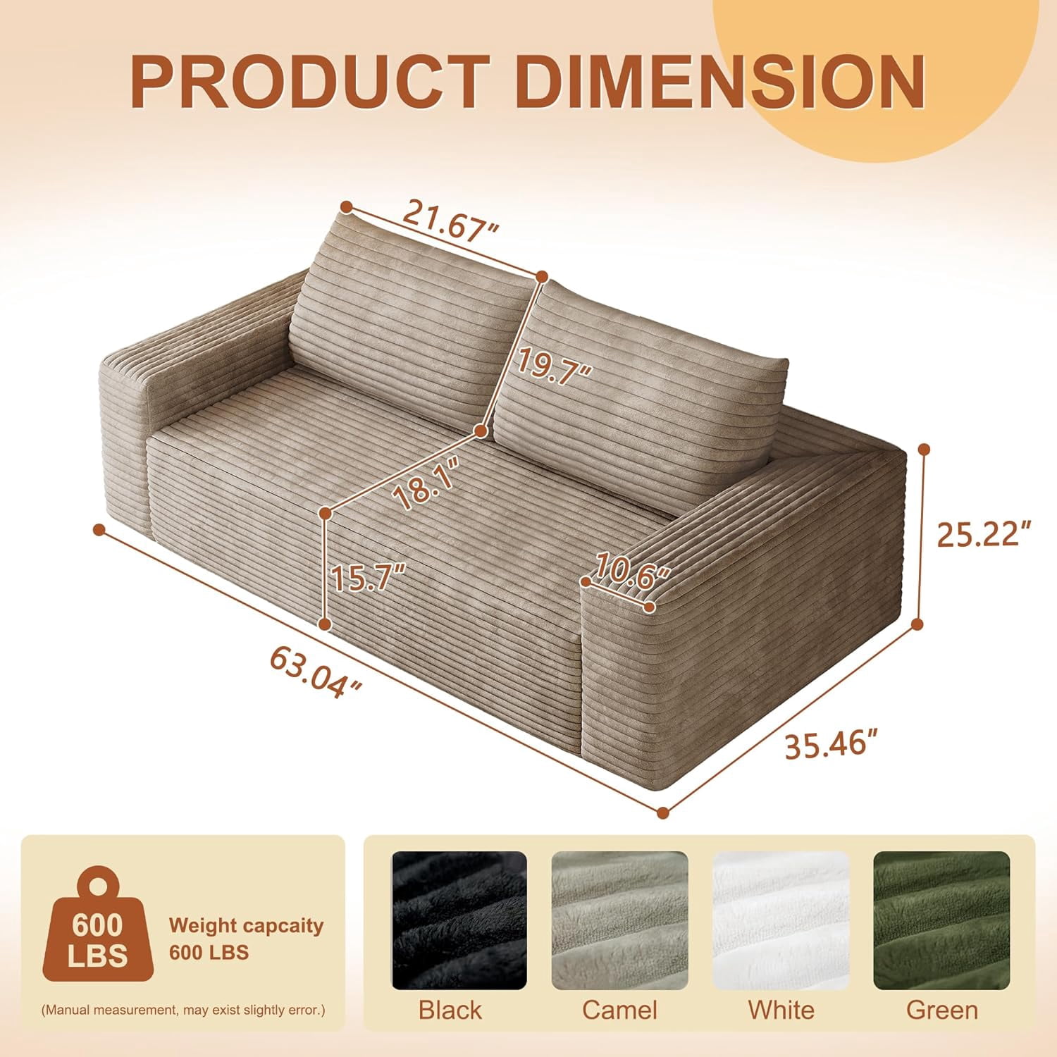 63" Cloud Loveseat Sofa, 2-Seater Boneless Couch in a Box, Memory Foam Corduroy Sofa, Deep Seat Small Couch for Apartments, Ready to Use,Camel