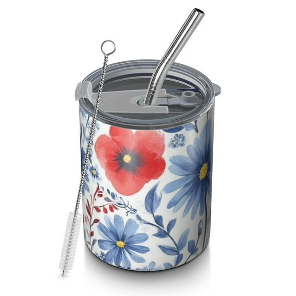 12oz Coffee Tumblers Pioneer Flower Stainless Steel Vacuum Insulated Travel Tumbler Coffee Cups Mug with Lid and Straw with Cleaning Brush for Cold & Hot Drinks