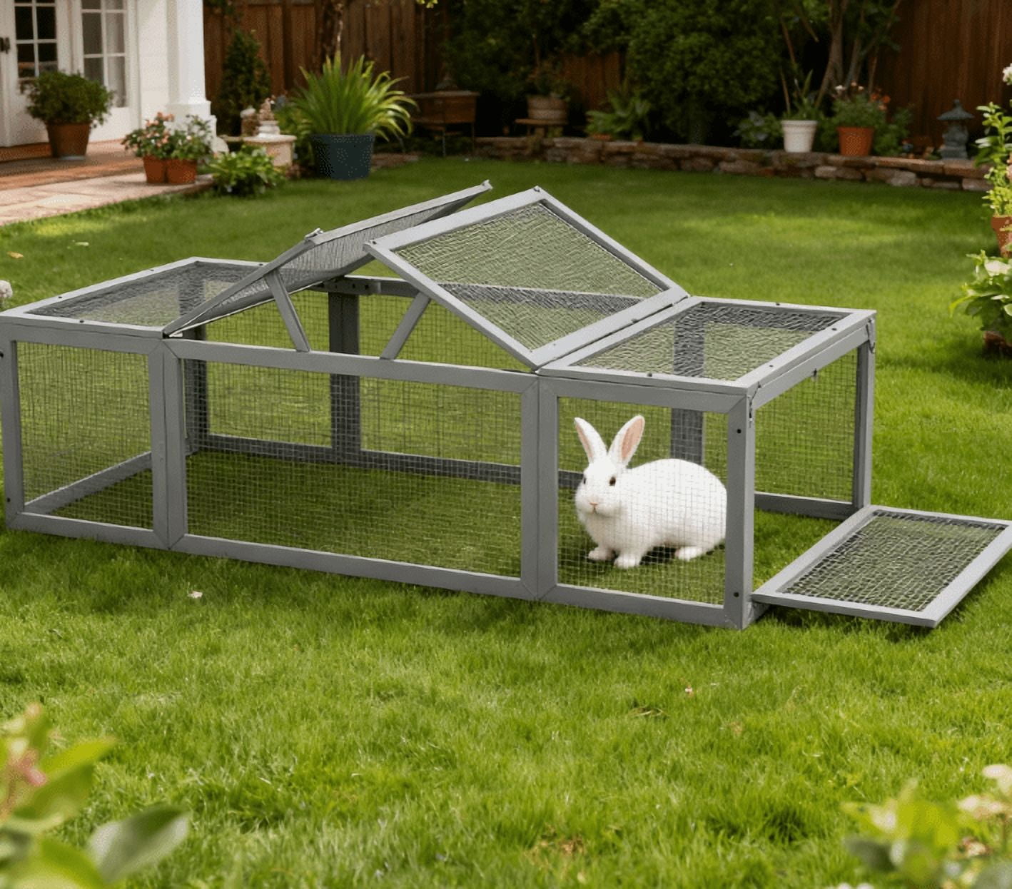 Large Wooden Rabbit Hutch Habitat Enclosure Outdoor Run and Lockable Doors, Gray