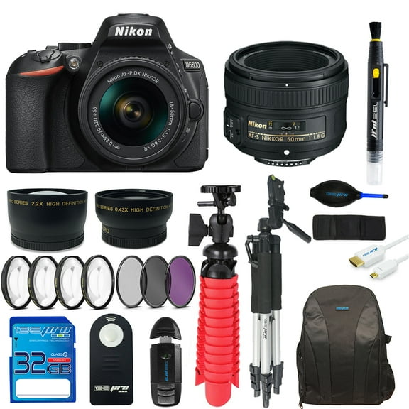 Nikon D5600 DSLR Camera   Nikon AF-P DX NIKKOR 18-55mm f/3.5-5.6G Lens   Nikon AF-S DX NIKKOR 50mm f/1.8G Lens   32GB SD Card   Backpack   2x Tripod   Pixi Advanced Bundle Kit