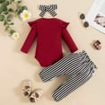 thumbnail image 6 of Zanarzt Newborn Baby Girl Clothes Baby Girls Boys Ribbed Romper Tops Striped Pants Headband Outfits Clothes 3PCS Set Wine,3-6 Months, 6 of 8