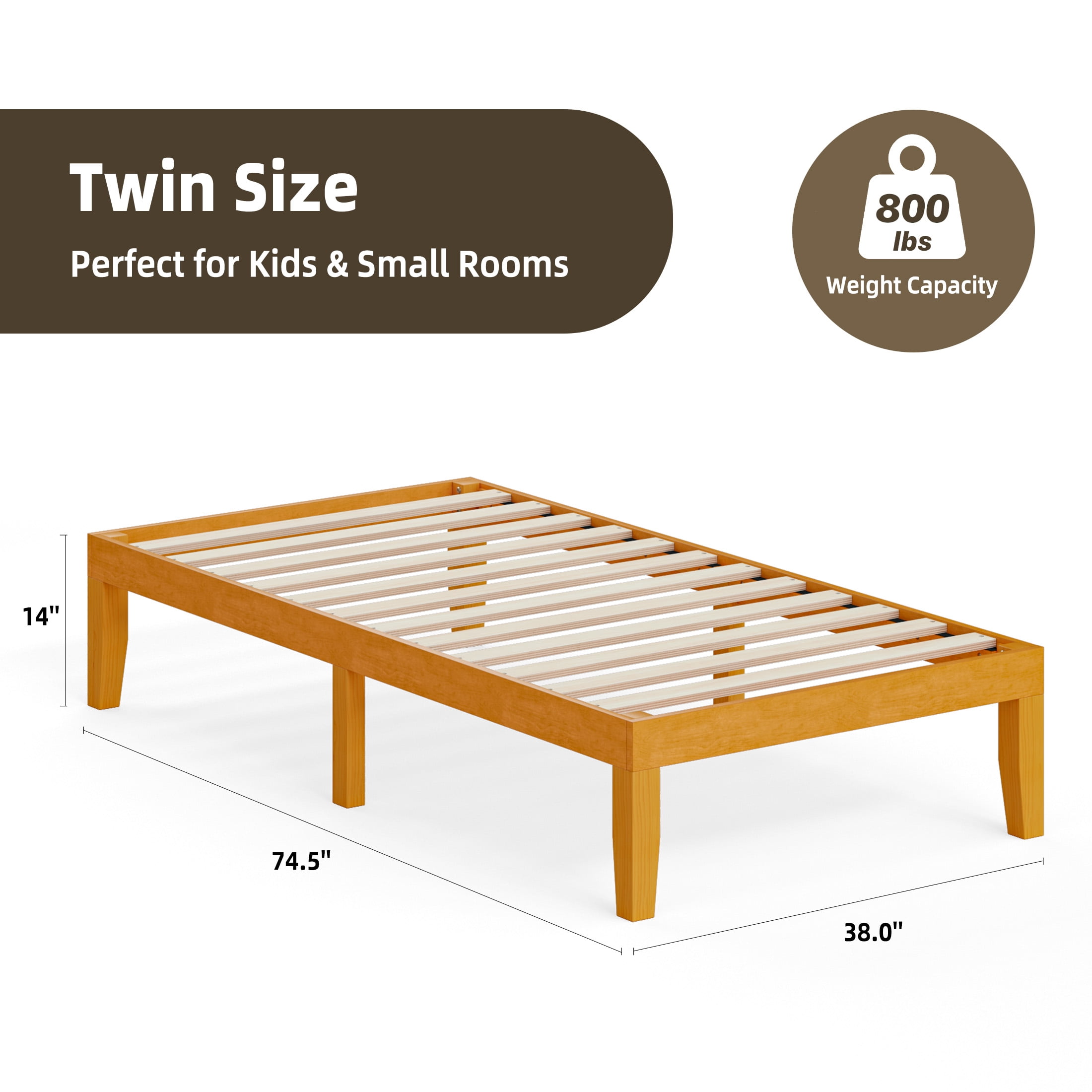 Gianna Twin Size Wood Platform Bed Frames 14 Inch No Box Spring Need, 500 LBS Capacity, Noiseless, Honey Finish