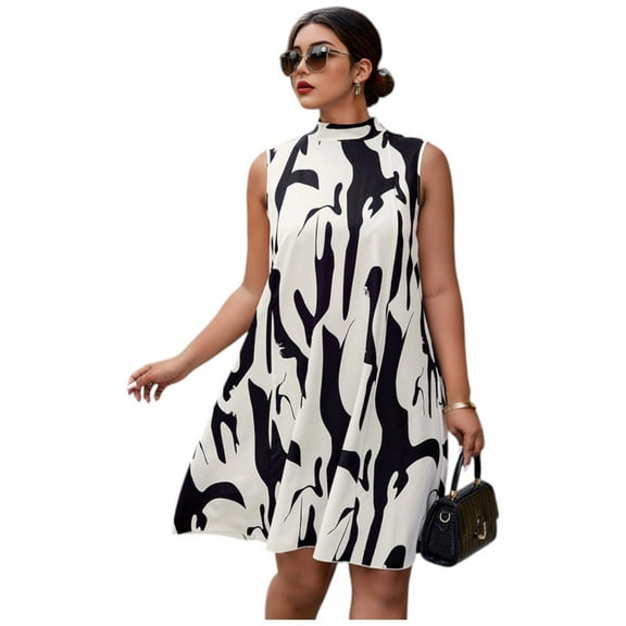 Random Print Sleeveless Dress with Back Knot Detail, Black/White (US, Alpha, X-Large, Plus, Regular, Black and White)