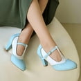 thumbnail image 5 of Blue Women Pu Chunky Heel High Heels Color Block Round Toe T-Bar Buckle British Style Casual, 5 of 6