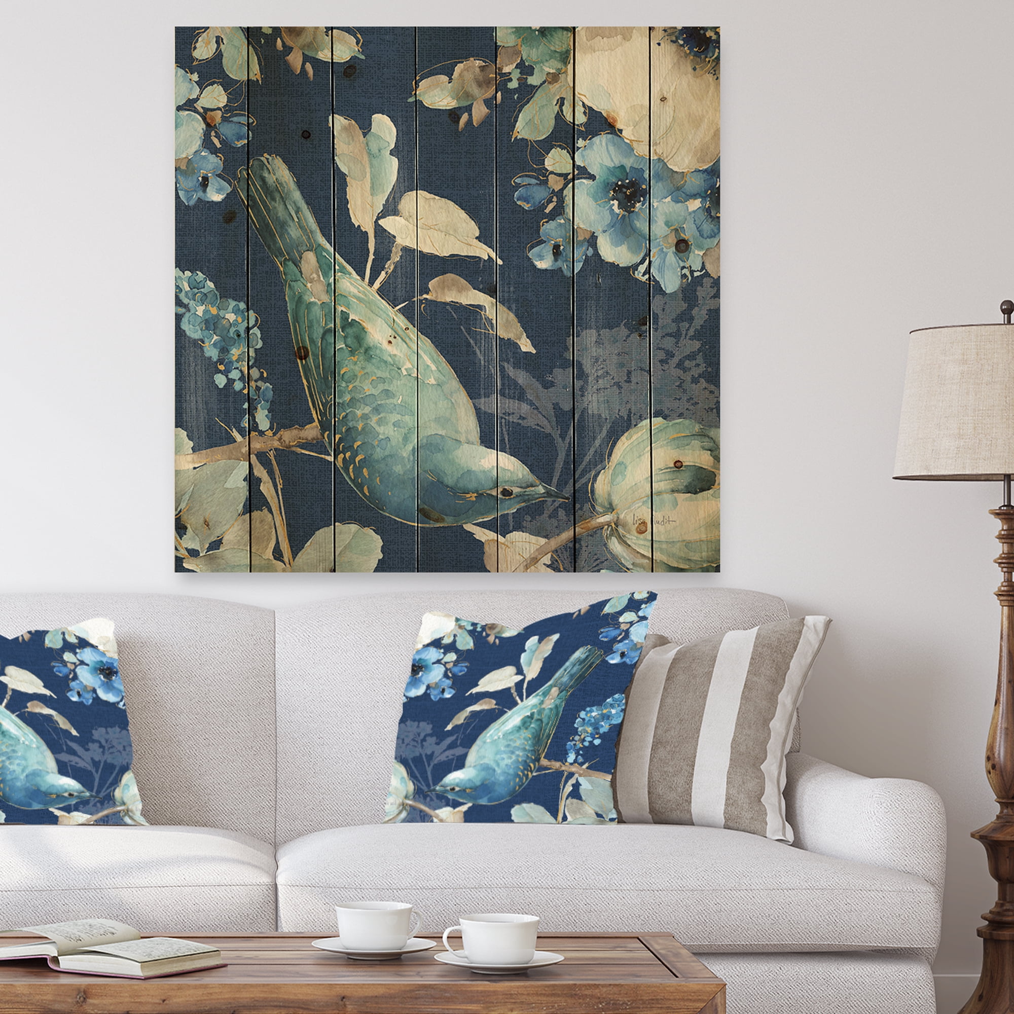 Designart Indi gold Bird Cottage Family IV Farmhouse Print on Natural Pine Wood Art Print, 16" x 16"