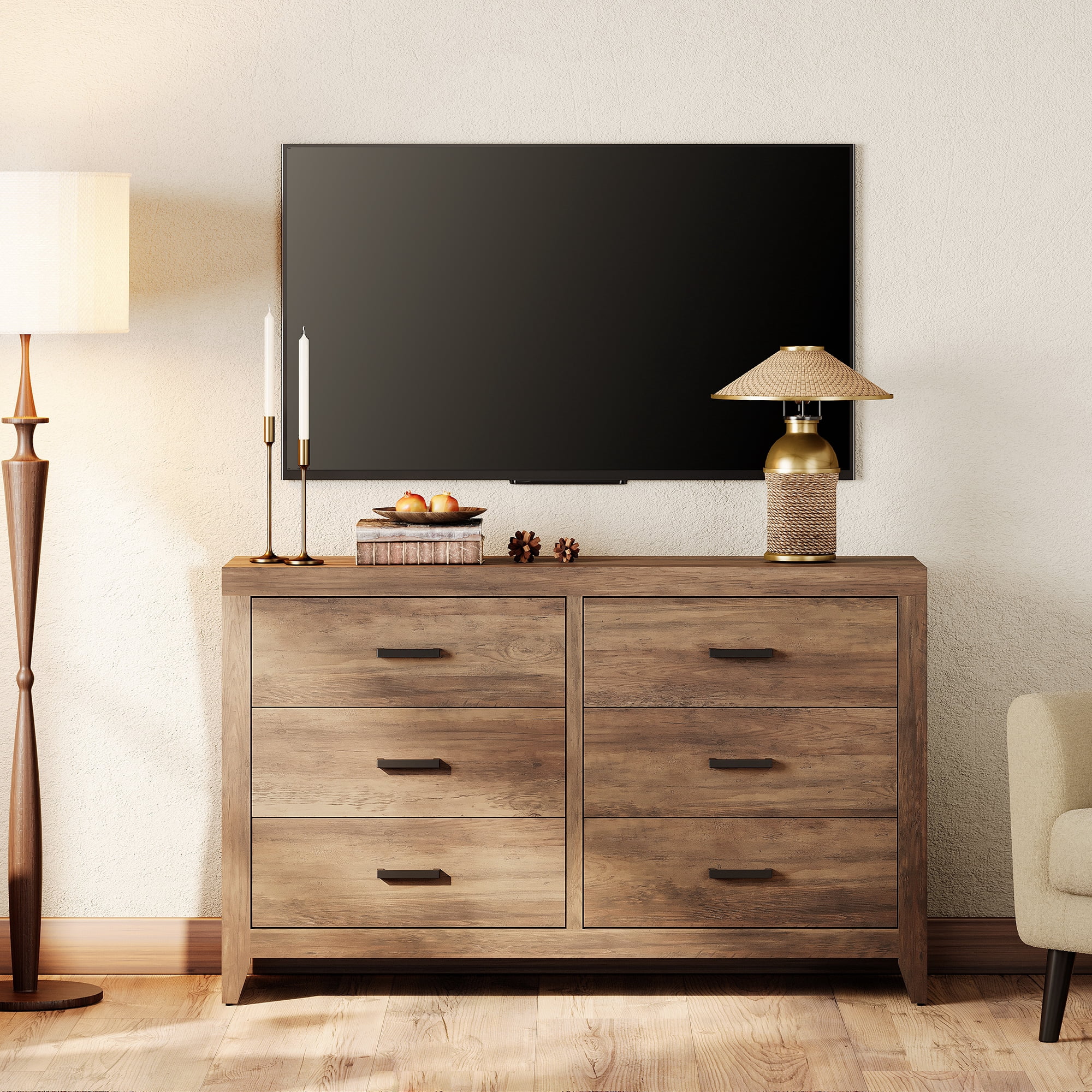 WAMPAT Farmhouse Dresser for Bedroom, 53 Inch Farmhouse Wood Storage Cabinet with 6 Drawers, Rustic Chest of Drawers for Living Room & Hallway