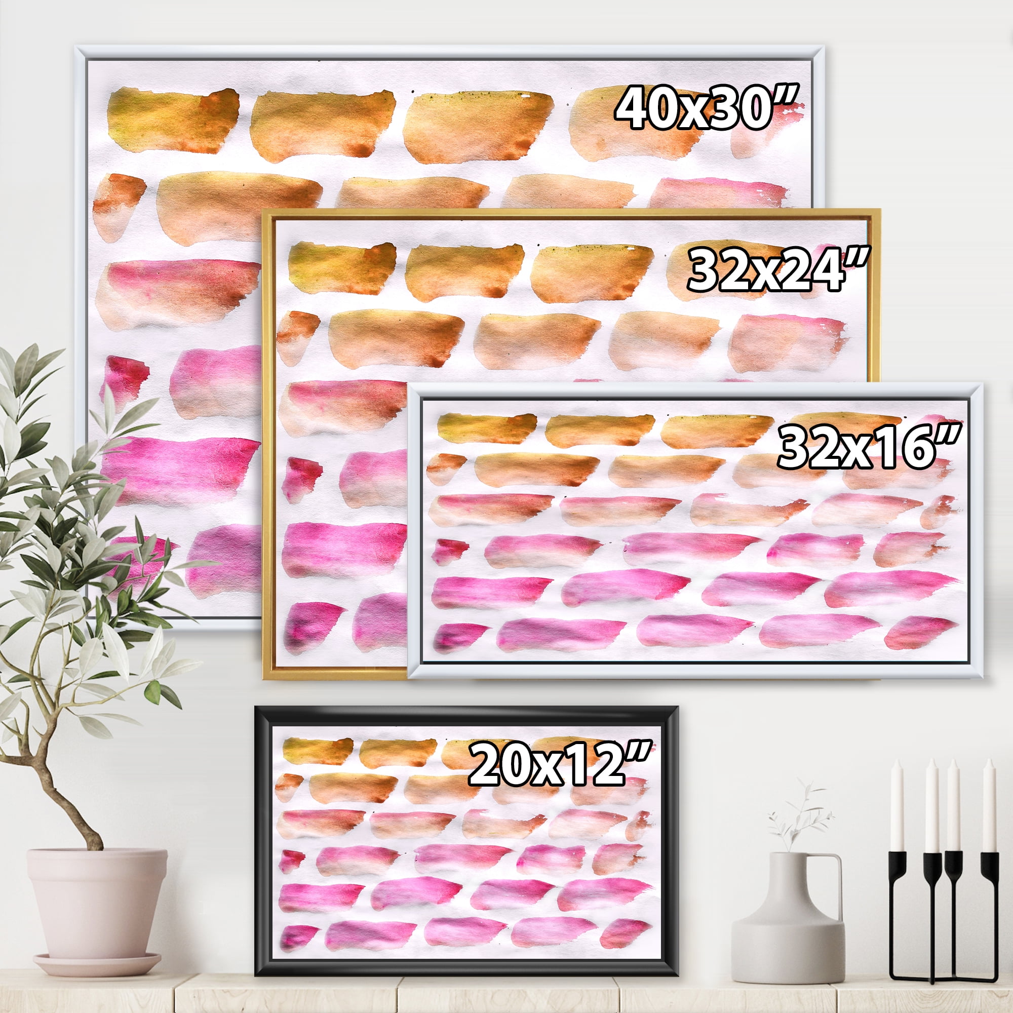Dark Yellow and Pink Abstracts Brushes 32 in x 24 in Framed Painting Canvas Art Print, by Designart