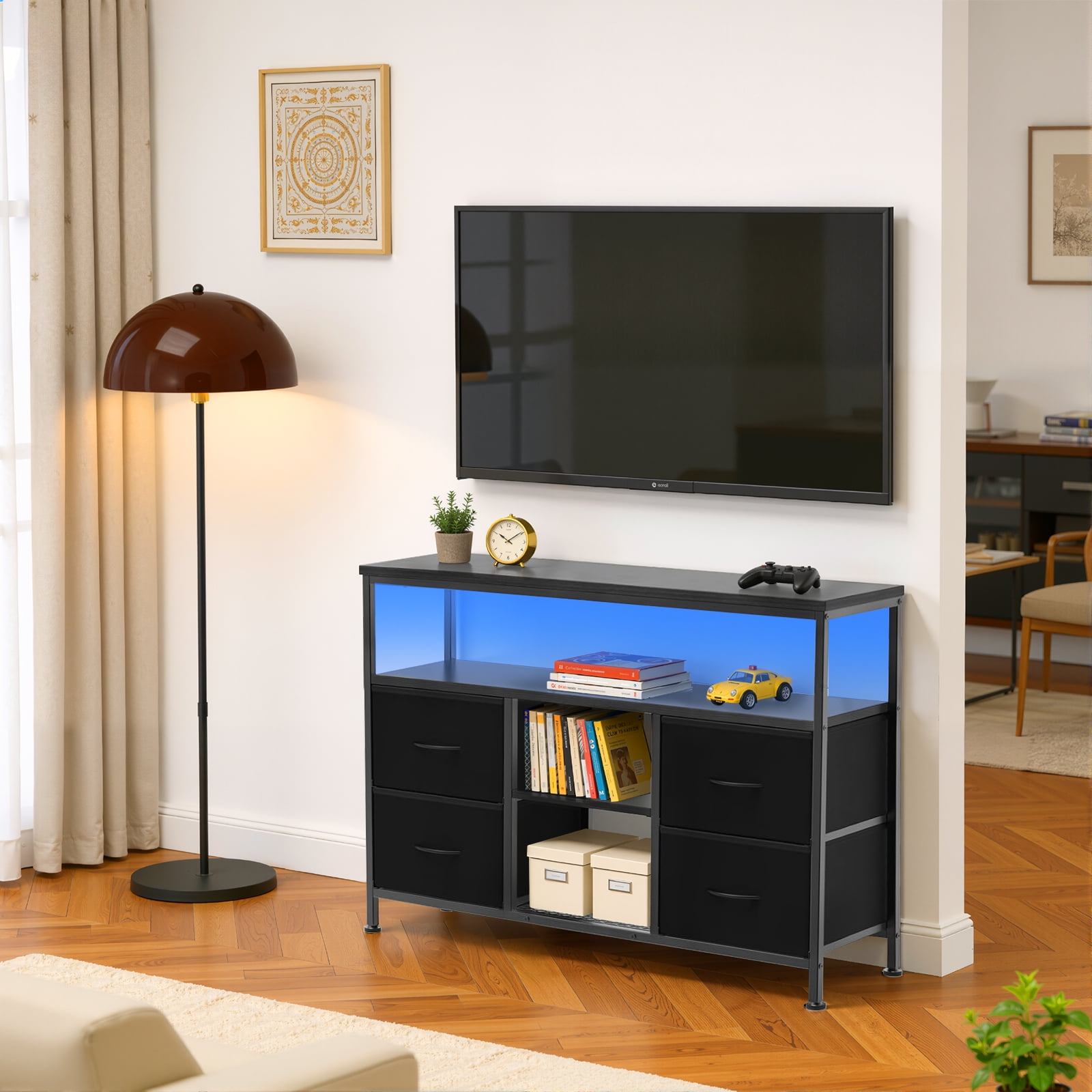 Simenmax TV Stand Dresser, Smart LED TV Stand with Charging Station, 4-Drawer Media Console for Living Room & Bedroom, Fits 50 Inch TV, Adjustable Feet, Black