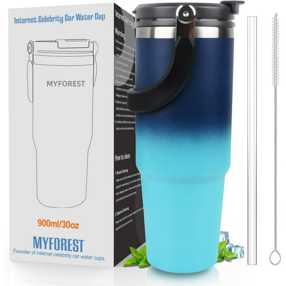 MYFOREST Insulated Tumbler 900ml/30oz, Coffee Mug to Go with Straw, Double-Wall Stainless Steel Vacuum with Top Handle, for Cold Carbonated