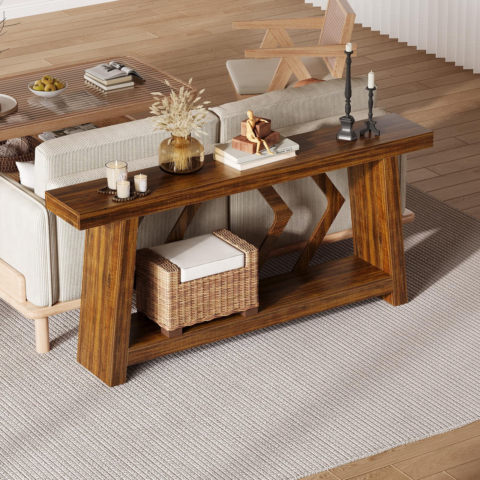 70.9 Inch Extra Long Console Table, 2-Tier All-Wood Sofa Table with Sturdy Trapezoid Legs, Entryway & Hallway Table for Living Room, Foyer