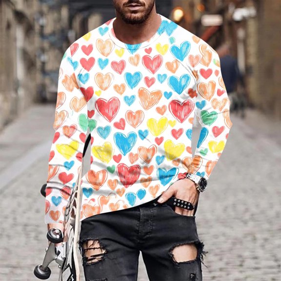 Daiosportswear Men's Long Sleeve Shirt Crew Neck Relaxed Fit Printed Shirts Big and Tall Casual Daily Tshirt Winter Fall Tops White XL(XL)