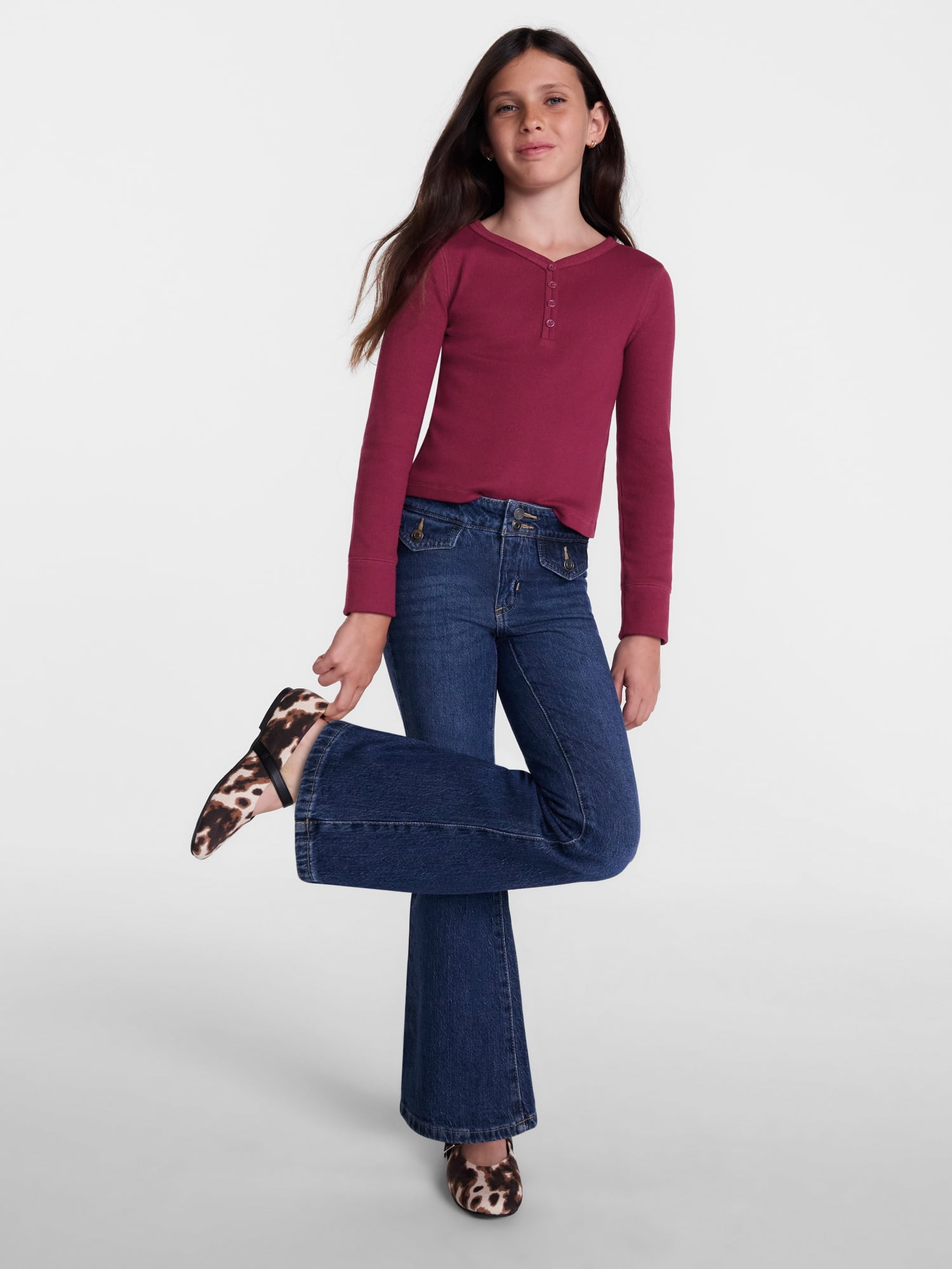 Weekend Academy Girls Ribbed Henley Top with Long Sleeves, Sizes 4-18
