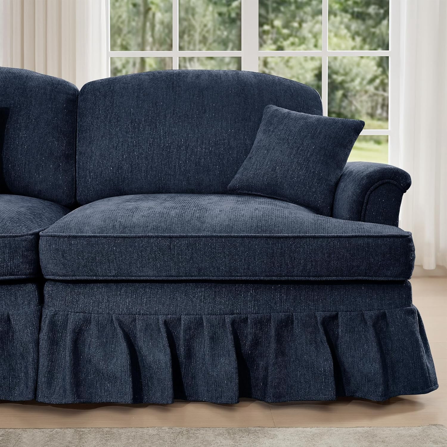 Mid Century Chenille Sectional Sofa, 2 Seat Couch Loveseat with Flared Arms, Removable Ruffles Pleats Skirts, Deep Seat Sofa for Living Room, Blue