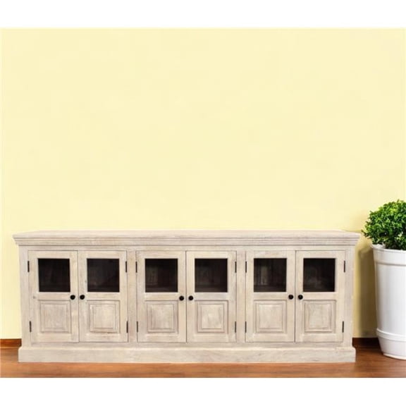 HomeRoots 557697 93 in. White Solid Wood Distressed Sideboard with Six Glass Doors