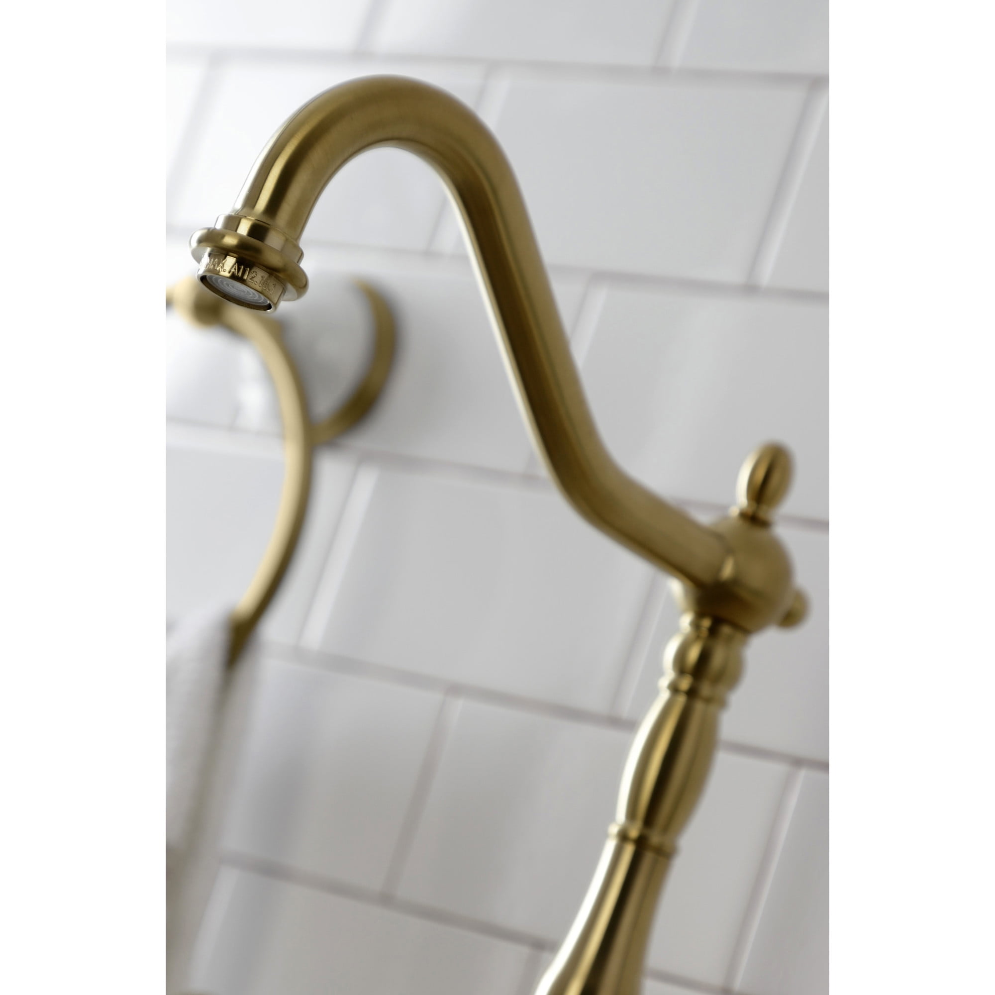 Kingston Brass KS7757ALBS English Country Two-Handle 3-Hole Deck Mount Bridge Kitchen Faucet with Brass Side Sprayer in Brushed Brass