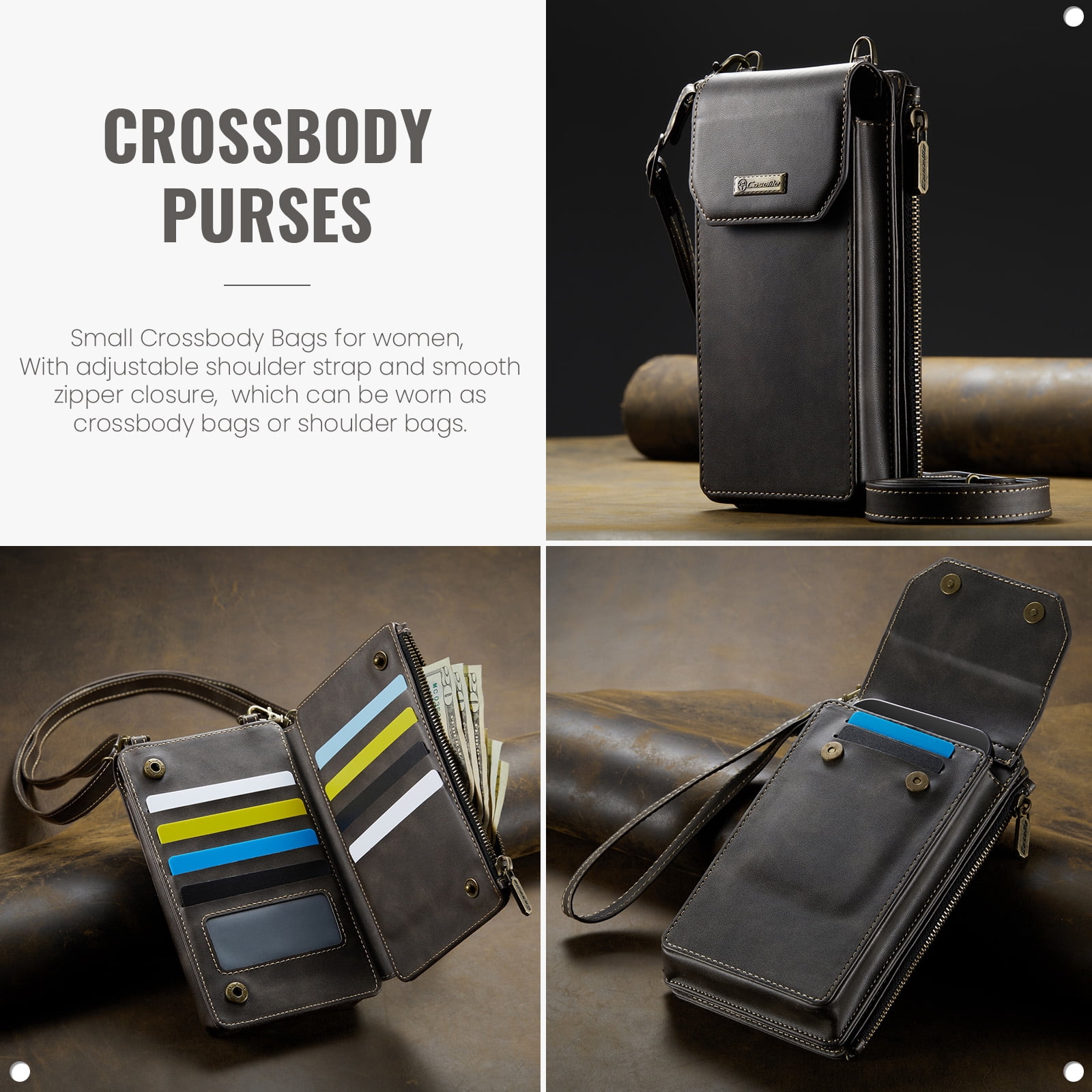 Crossbody Cell Phone Purse Bag for Women Men, Small Leather Wallet with 10 Card Slots,Zipper Pocket & Adjustable Strap Shoulder Bag Clutch with Magnetic Closure Fits Most Smartphones Under 7.3",Black