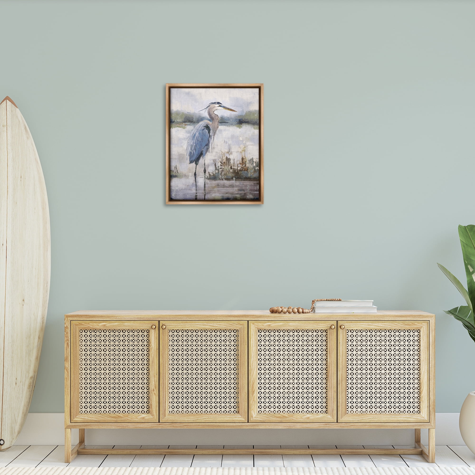 Stupell Industries Coastal Sea Heron Landscape & Nature Painting Brown Floater Framed Canvas Art Print Wall Art, 25 x 31