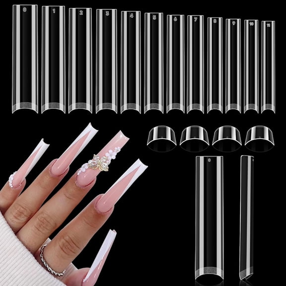 Extra Long Tapered Sqaure Nail Tips Full Cover 504pcs No C Curve Clear Gel Nail Tips XXL Long Straight Nails Tips Acrylic Nails Square Gel Nails for DIY Nail Art 12 Sizes Full Square I-3XL Half