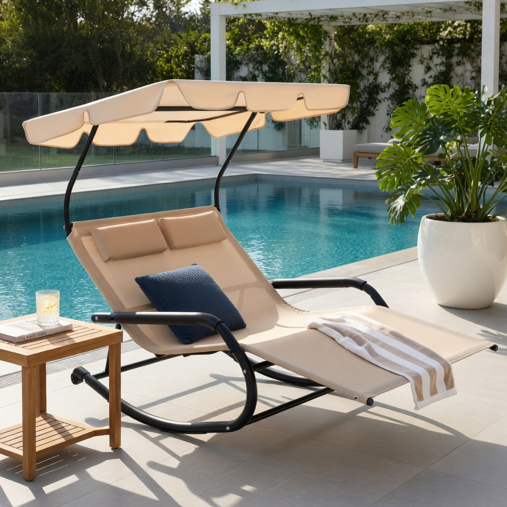 Hommoo 2-Person Outdoor Rocking Chaise Lounge with Adjustable Canopy & Mobility Wheels, Metal Frame Patio Lounger for Backyard, Poolside, Deck, Beige