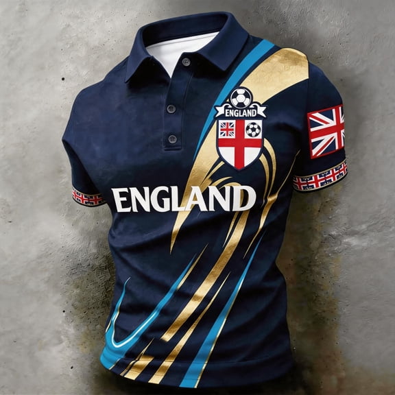 England 2026 Soccer Cup Fan Polo for Men, Short Sleeve Button Collar Jersey with Gold Rose & Union Jack Graphic, Breathable Athletic Top, 1 PC Beige L