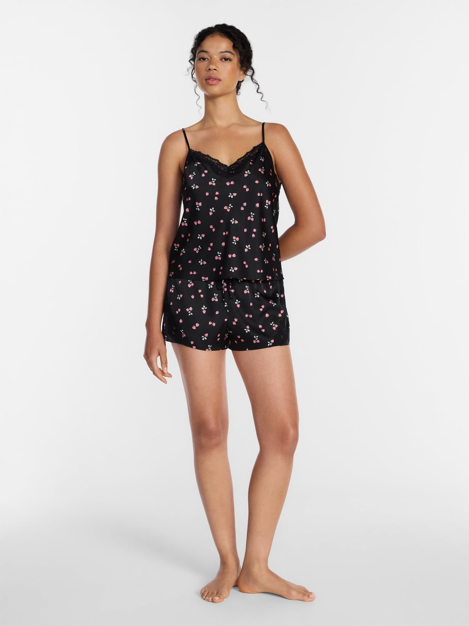 Joyspun Women's Lace Trim Stretch Satin Cami and Shorts Set, 2-Piece, Sizes XS-3X
