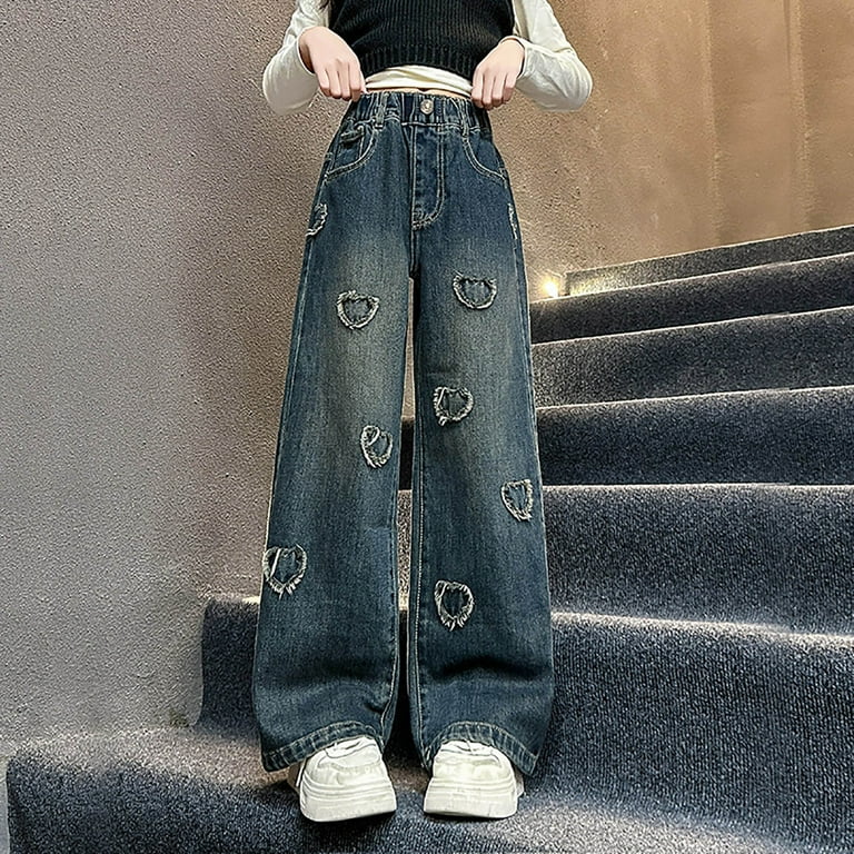 ZTKWD Girls Heart Embroidery Denim Jeans Fly Elastic High Waist