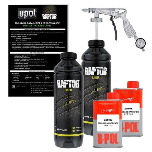 U-Pol Raptor Black Urethane Spray-On Truck Bed Liner 2 Quart Kit and Custom Coat Spray Gun with Regulator