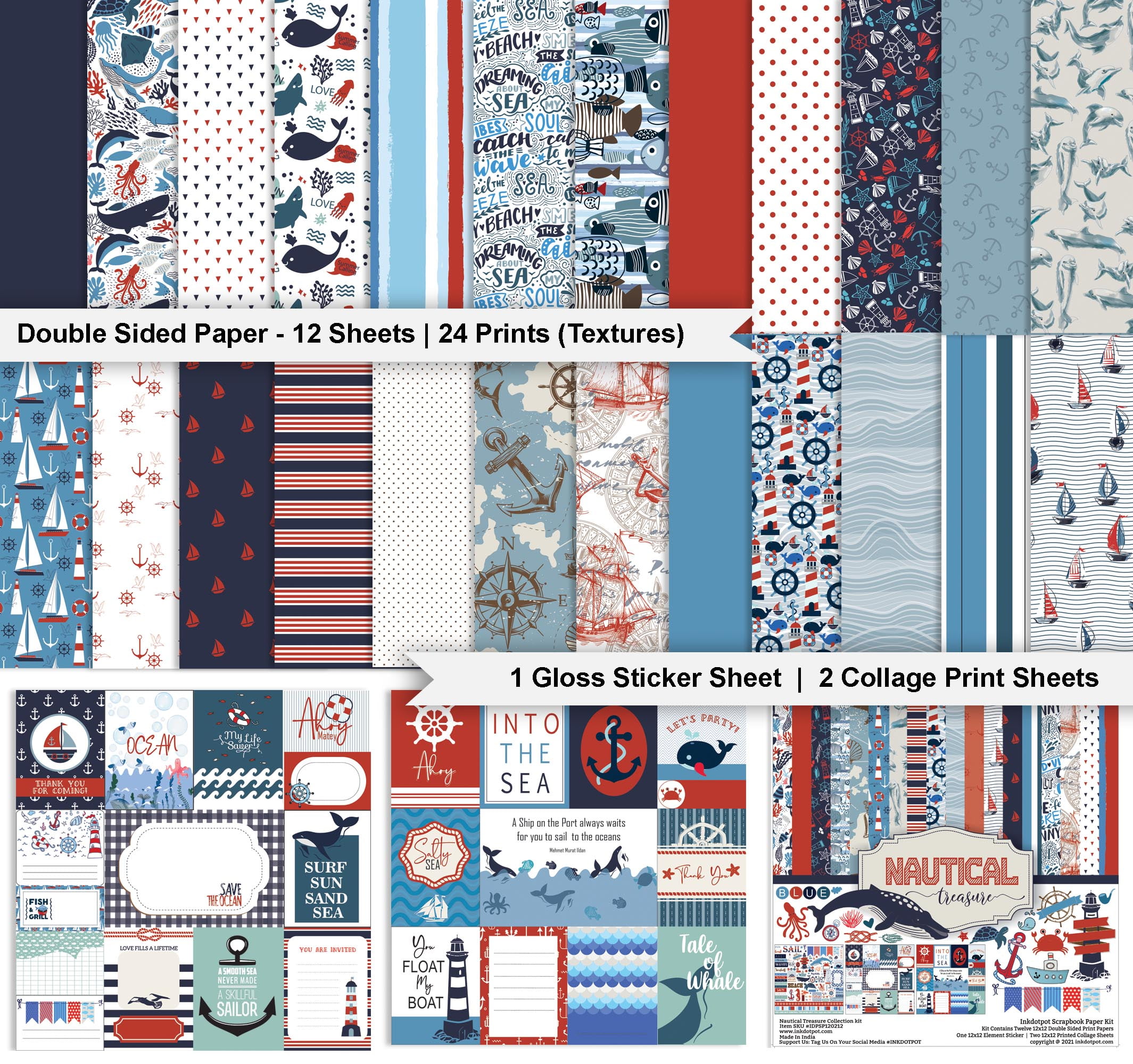 Inkdotpot Nautical Treasure Theme Collection Double-Sided Scrapbook Paper Kit Cardstock 12"x12" Card Making Paper Pack With Sticker Sheet - 16 Pages - Red & Blue