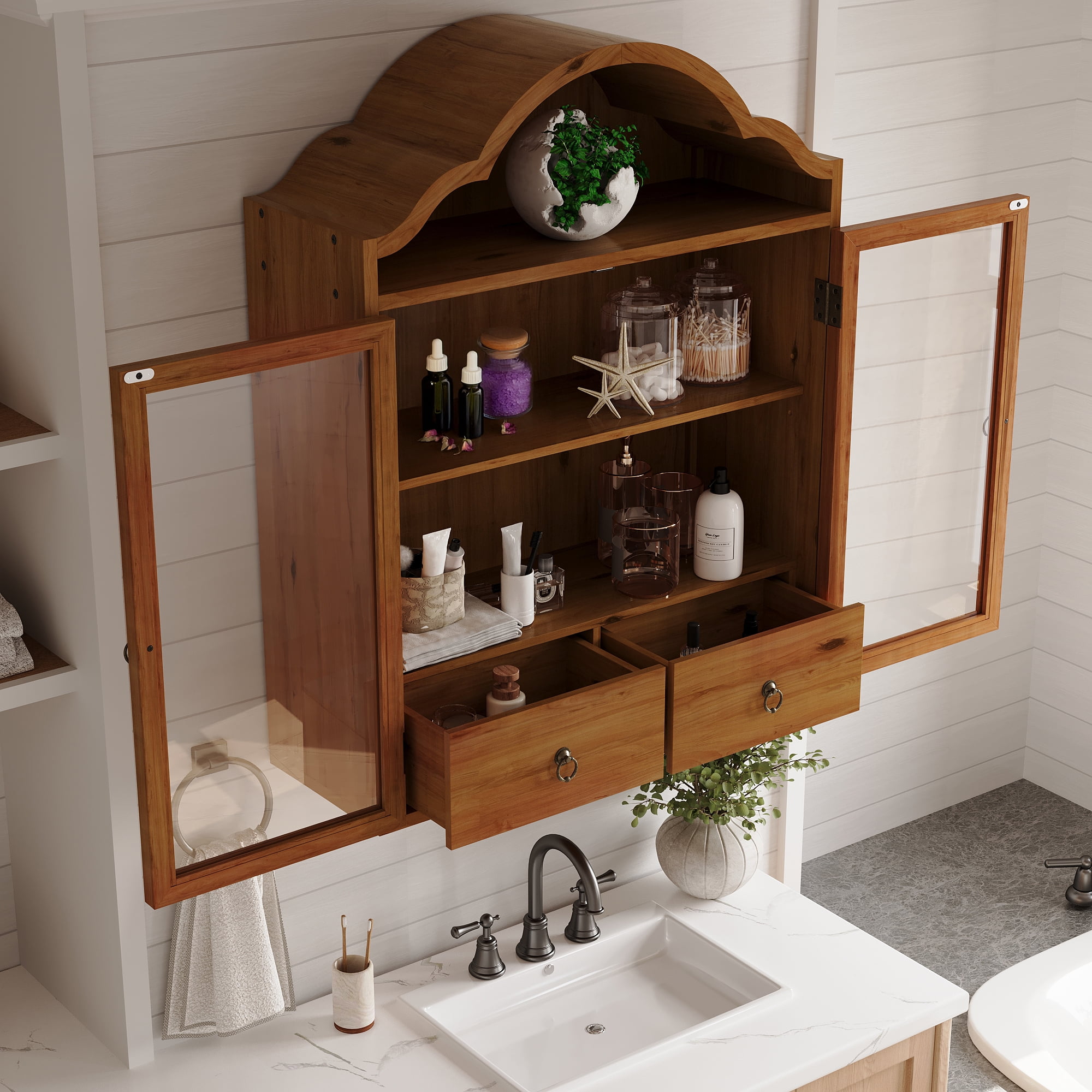Wall Cabinet with Elegant Wave Top and Solid Wood Frame, Rustic Vintage Wall Cabinet and Storage Shelf for Dining Room Kitchen Bathroom, Brown