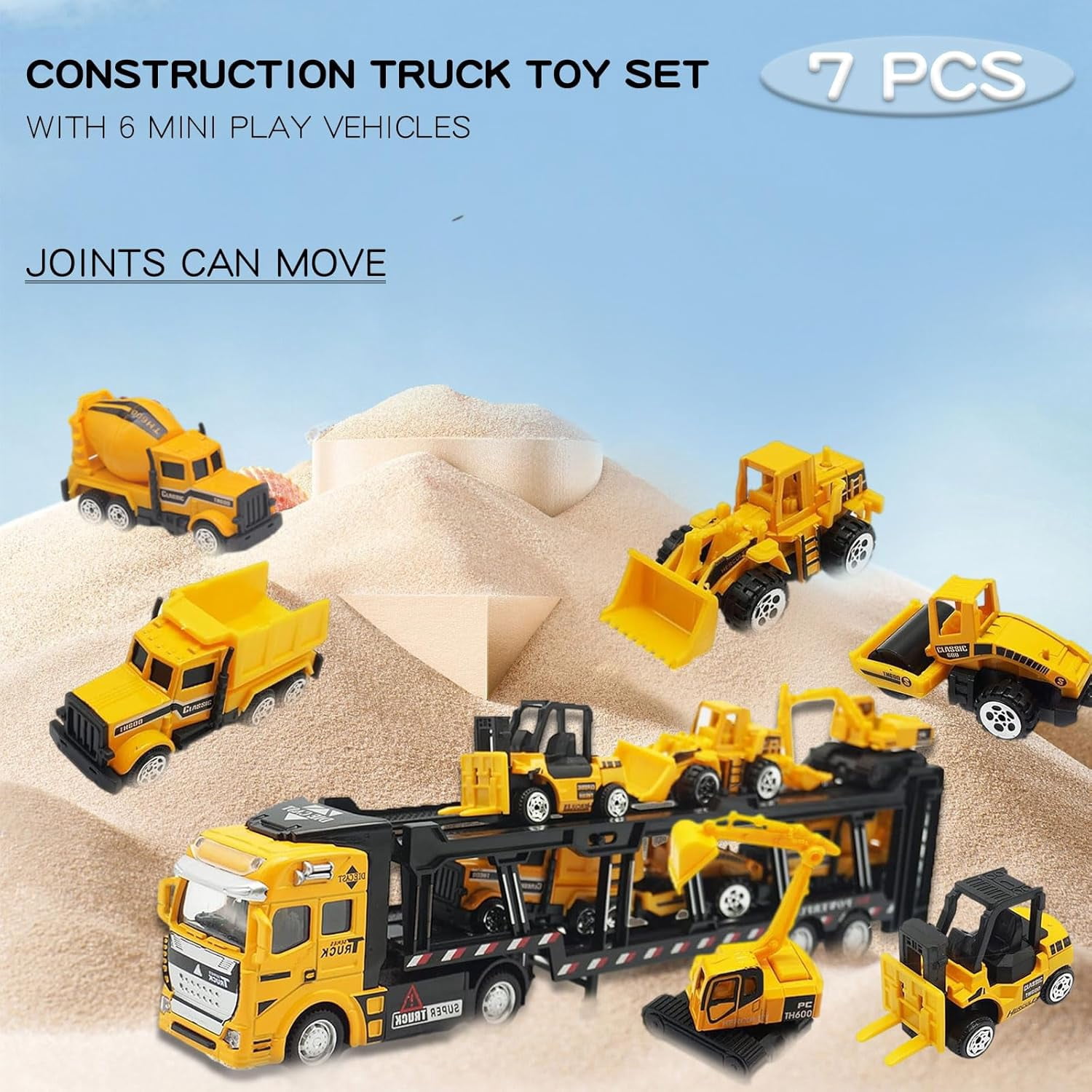 TYMZDYN Construction Truck Toy Die-cast Play Vehicle Set with 6Pcs Mini Crane Mixer Dump Excavator Car