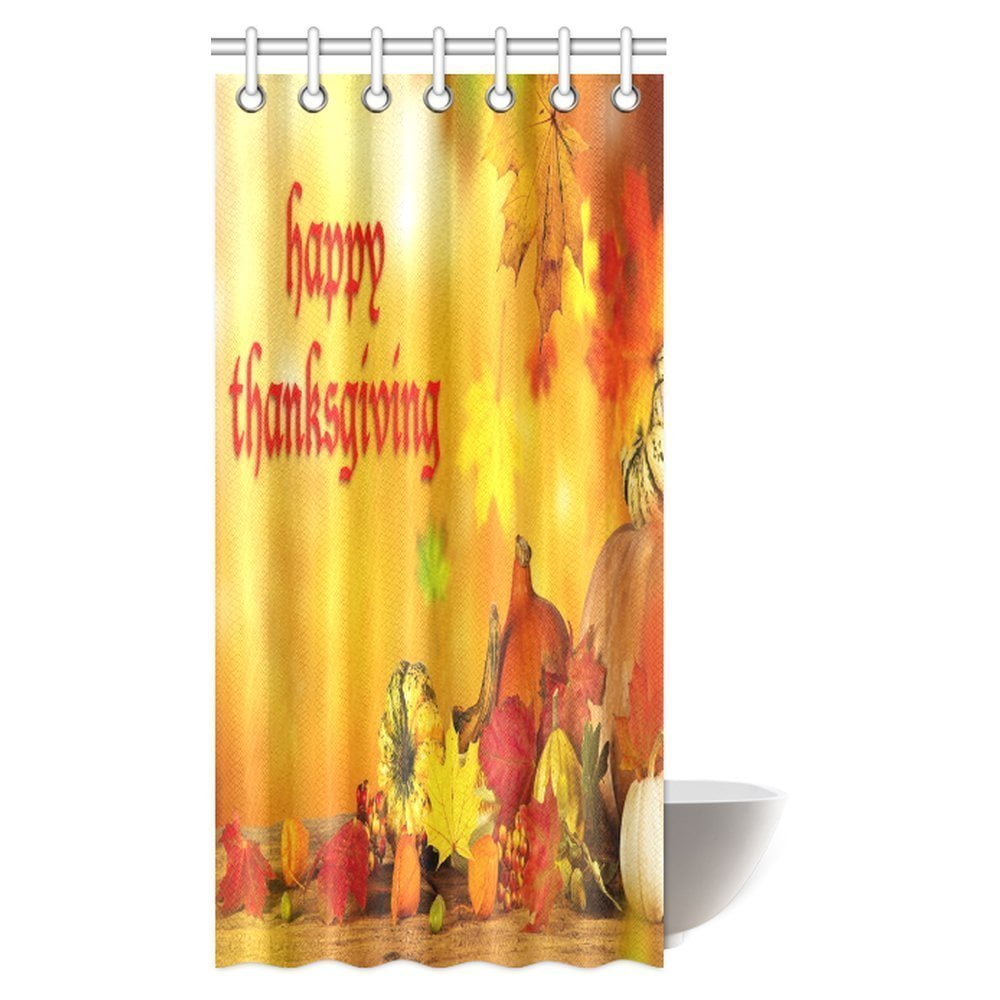 MYPOP Happy Thanksgiving Shower Curtain, Pumpkins and Leaves on Wood
