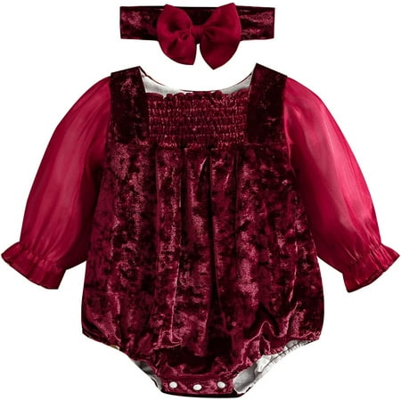 

PIKADINGNIS Newborn Baby Girl Christmas Outfit Solid Ruffle Puff Long Sleeve Velvet Romper Bodysuit Headband Fall Winter Clothes