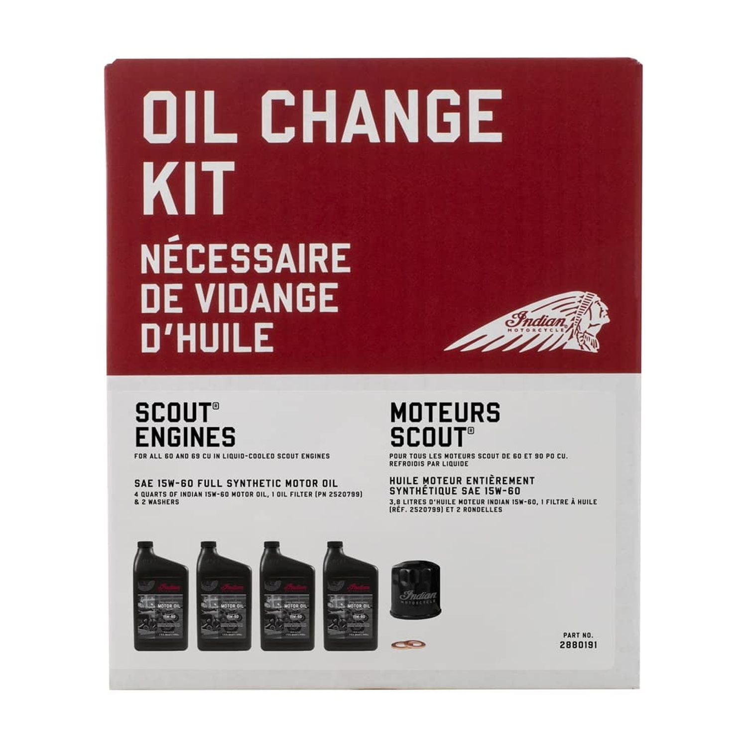 Indian Motorcycle Oil Change Kit for All 60 & 69 Cu In Liquid-Cooled Scout Engines, 4 Quarts 15W-60 Full Synthetic Oil, 1 Oil Filter, 2 Washers, Clutch Performance, Engine Protection - 2880191