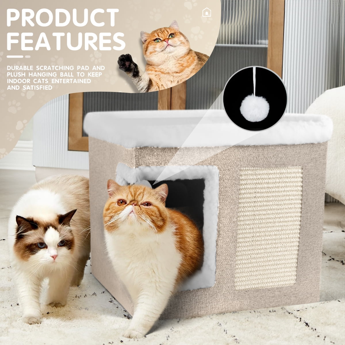 HDJ Indoor Pet Bed for Cats, Covered Foldable Kennel Bed with Scratching Board, Suitable for Many Small Pets, Light Gray