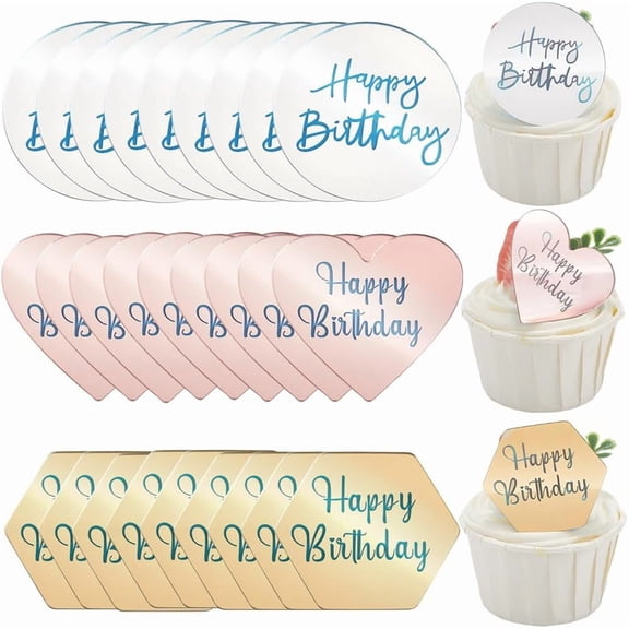 1 Box 30Pcs 3 Styles Happy Birthday Cupcake Toppers Acrylic Mirror Cake Topper Plastic Gold Rosegold Heart Silver Round Non Edible Cake Decorations for Birthday Celebration Party DIY Colorful