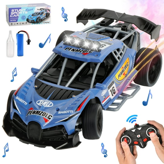 Kivdit Remote Control Car,1:16 RC Cars with Spray & LED Lights,2.4GHz RC Drift Cars Toys Gifts for Boys Girls Kids,Blue