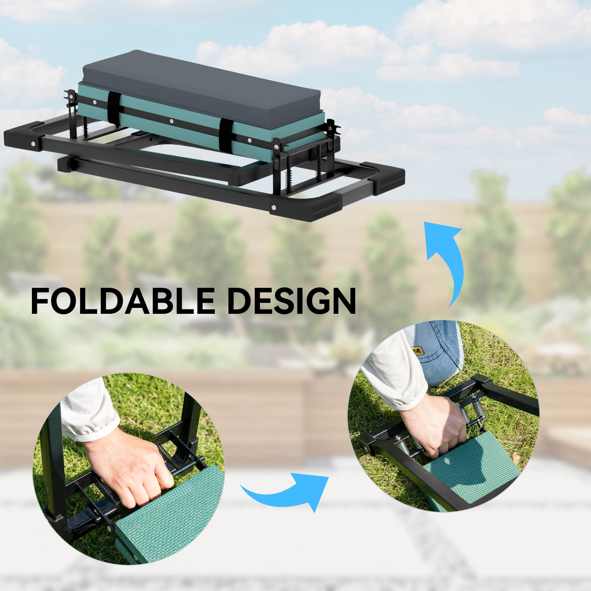 Outsunny Garden Kneeler and Seat, 330lbs Heavy Duty Foldable Gardening Stool with Thicker Soft Kneeling Pad, Extendable Steel Leg, Large Tool Pouch