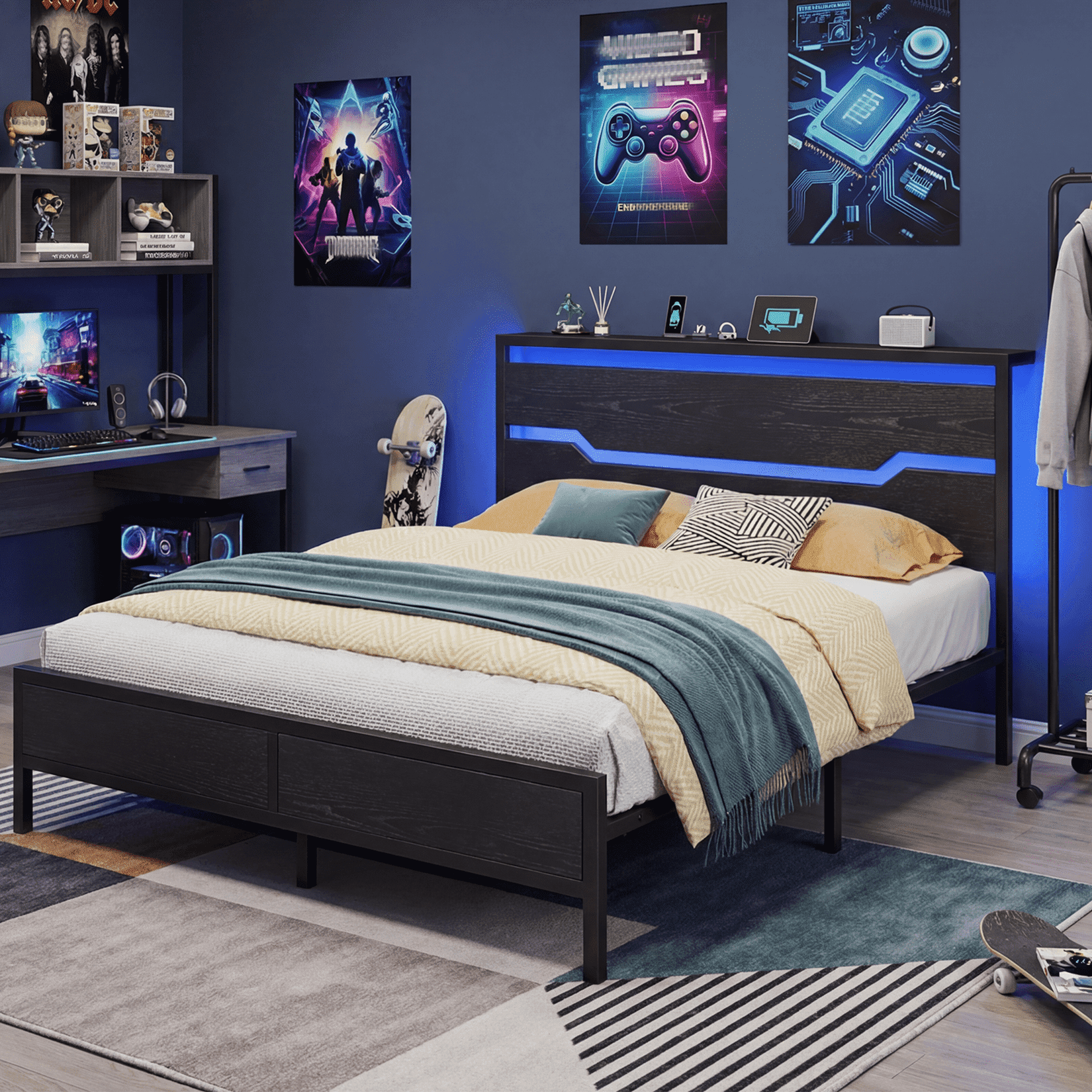 EnHomee  Metal Bed Frame with Headboard  King Size Metal Bed Frame with Storage & Charge Station & LED Lights & 13" Under-Bed Storage, Black