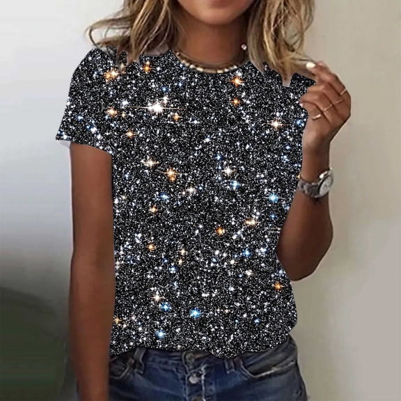 Wuxian Women Sequins Tshirt Glitter Sparkle Loose Fit Short Sleeve Round Neck Stylish Casual Carnival Party Night Clubwear T Shirt Top Casual Top Blouse,Grey,L