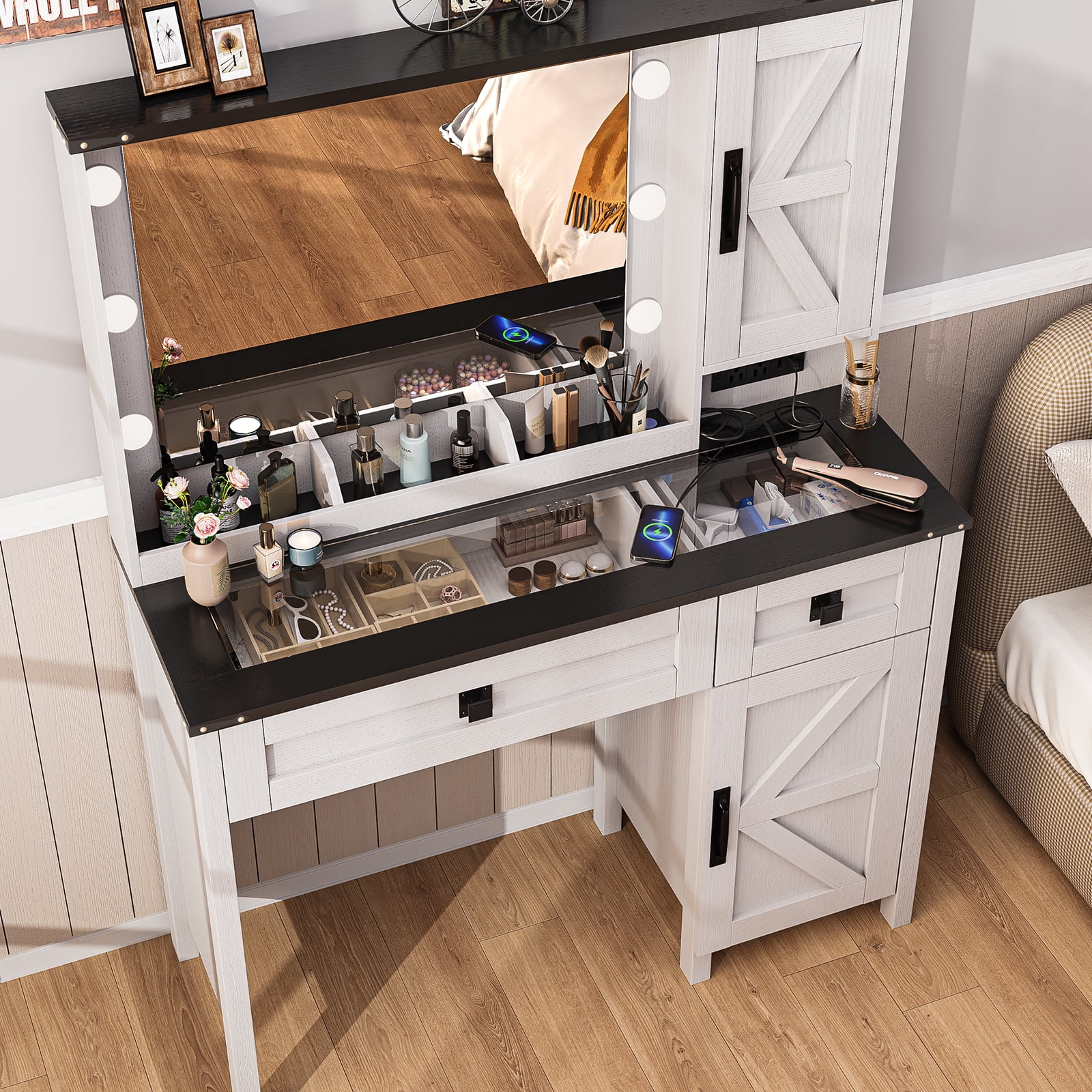 Vanity Desk with Mirror and Light, 39" Makeup Table with 2 Drawers, Cabinets & Power Outlet, 3 Lighting Modes Adjustable, Rustic Bedroom Dressing Table for Girls, Women, White