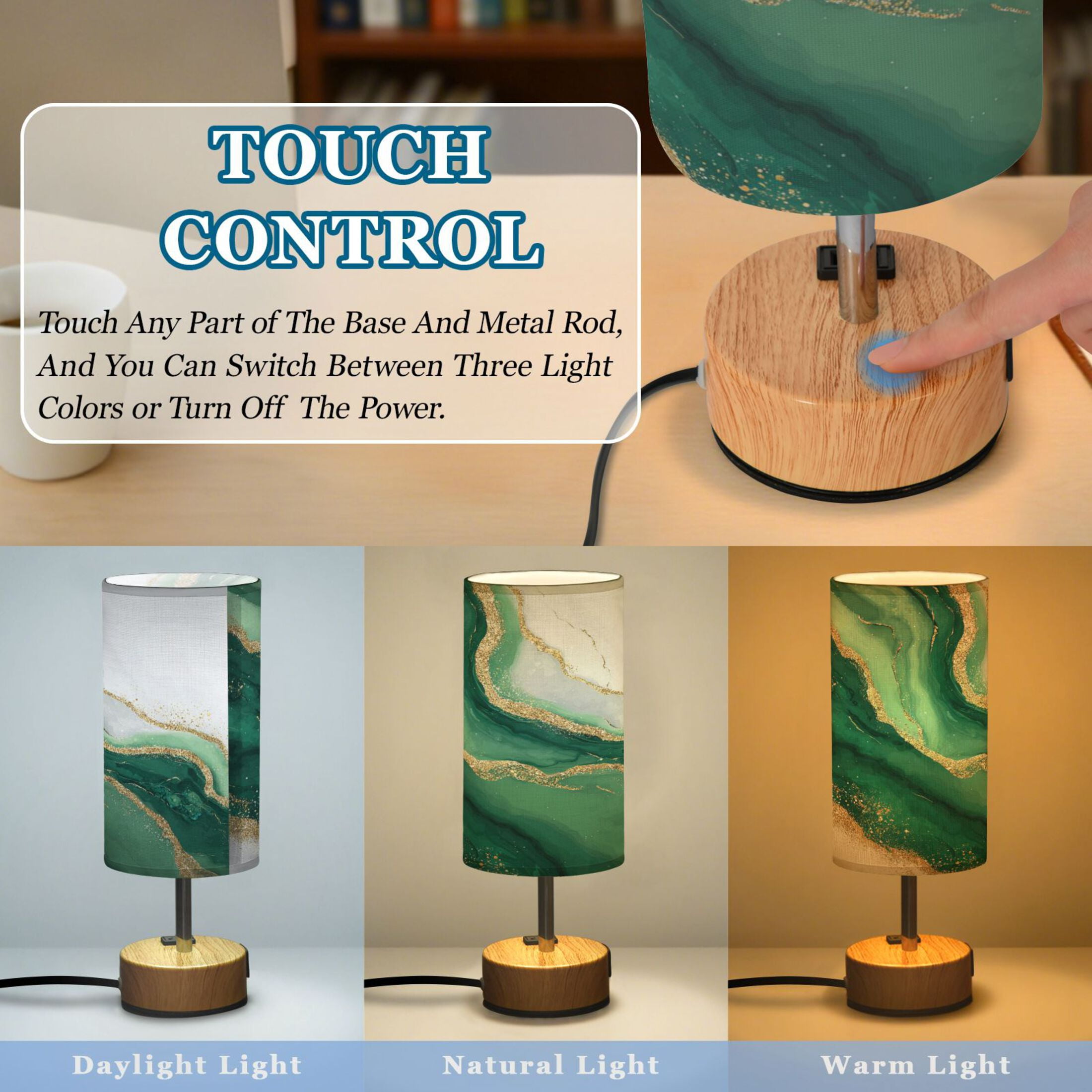 Touch-Control 3-Color Desk Lamp with Plug – Energy-Saving LED + 3 Simultaneous Charging Ports Alluring Gold-green Marble