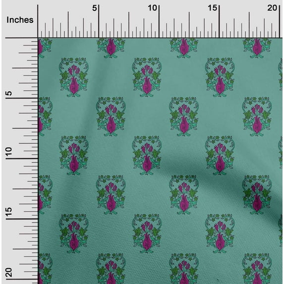 oneOone Viscose Chiffon Dusty Teal Green Fabric Leaves & Floral Block Craft Projects Decor Fabric Printed By The Yard 42 Inches Wide