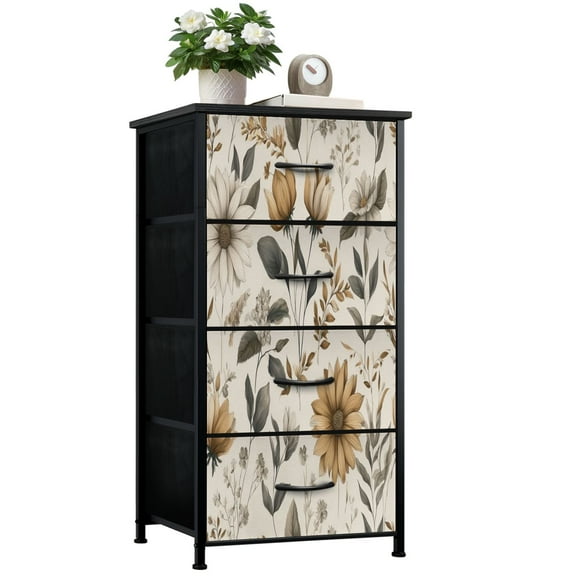 Vintage Dresser for Bedroom with 4 Storage Drawers Floral Sunflowers Elegant Leaves Soft Beige Warm Tones Dressers Chest of Drawers Steel Framed Fabric Closet Organizers for Nursery Entryway